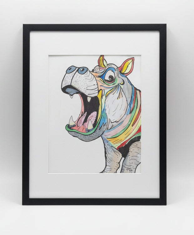 Colorful illustration of a hippo with an open mouth on a white background