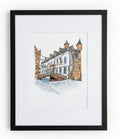 A framed watercolor painting of the Owain Glyndwr Hotel in Corwen, reimagined in a fantasy style