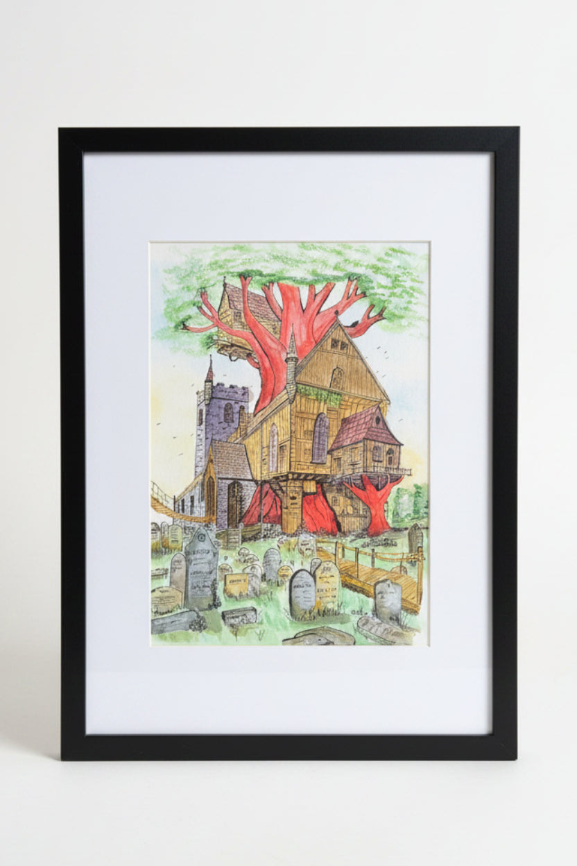 Ink and watercolour painting on white bristol board of fantasy church in Corwen.