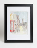 A framed watercolor painting of a London street scene, featuring a red telephone booth and Big Ben